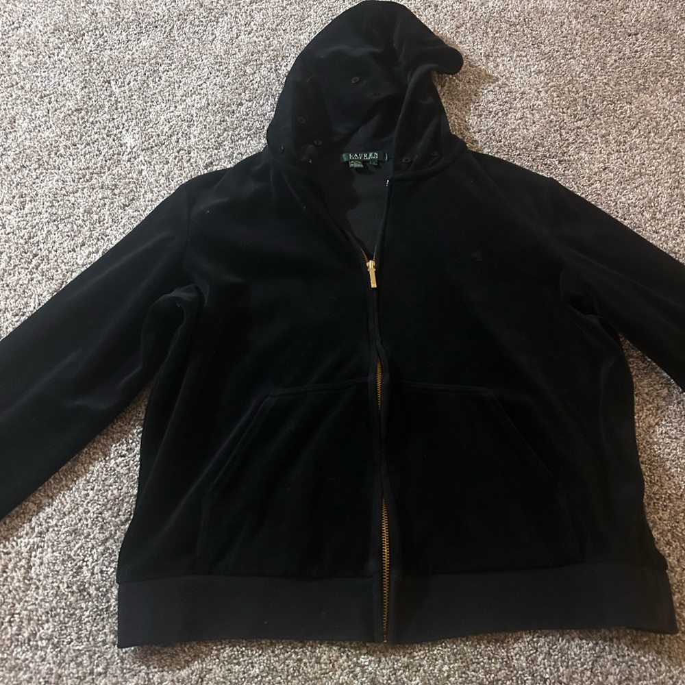 Vtg Lauren Ralph Lauren Velour Black Full Zip-Up Velvet Hoodie Y2K - Picture 1 of 3